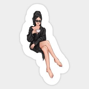 Relaxing woman in spa robe clipart. Sticker